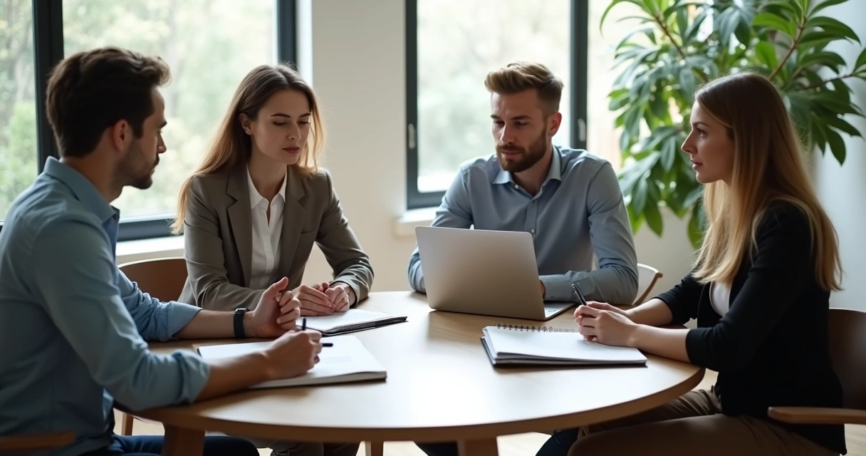 Small team in a calm meeting around a table