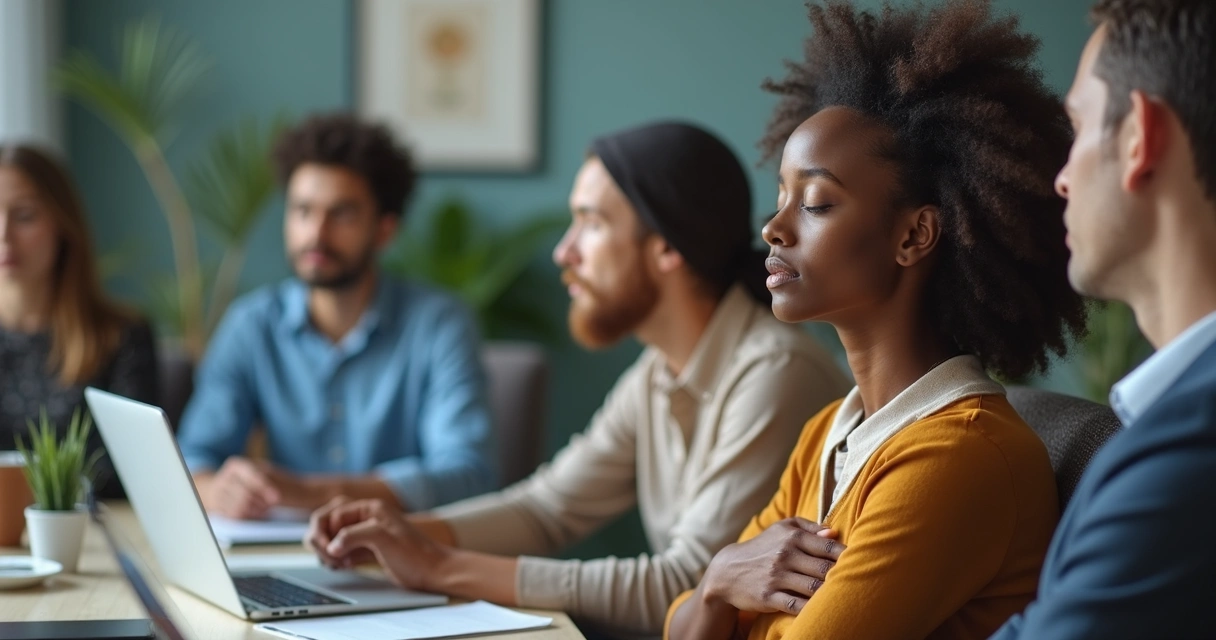 Colleagues seated around a table focused on a discussion, with a calm, peaceful atmosphere 