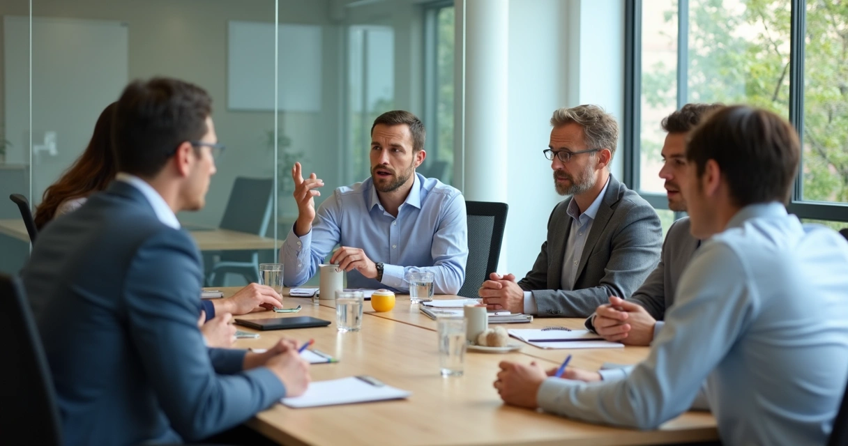 Group meeting with one person interrupting others at a conference table 