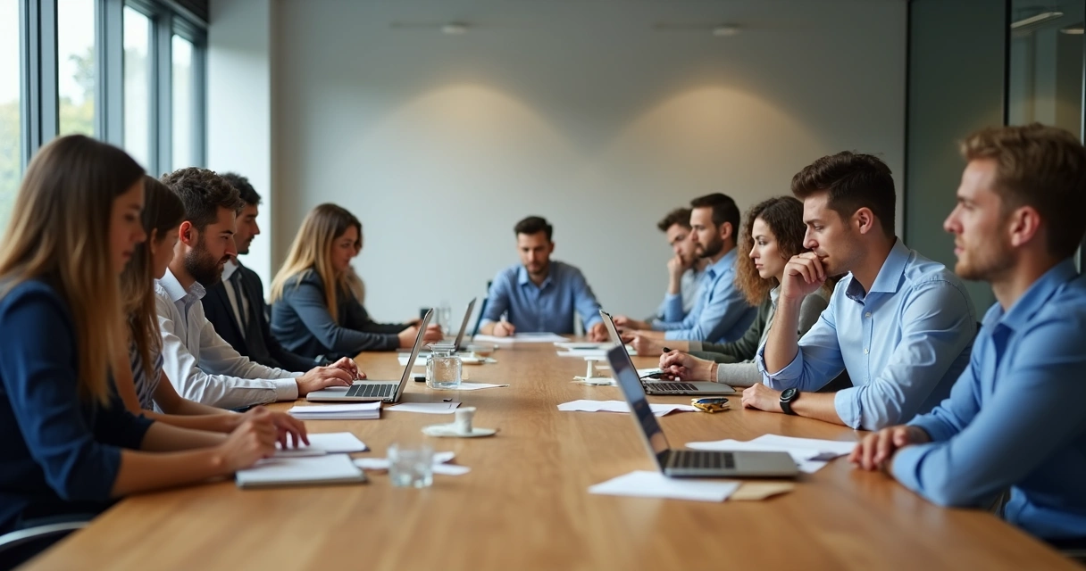 Unengaged team members sitting around a conference table, showing lack of ownership