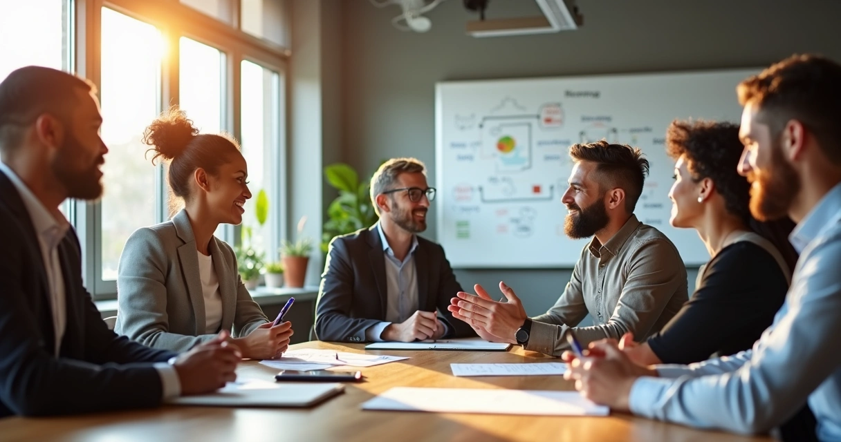 Team collaborating at a table with natural lighting 
