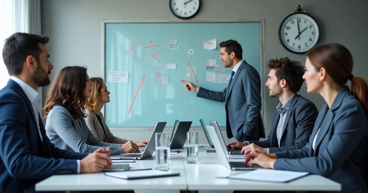 Team in a tense meeting with unclear messages on a glass board
