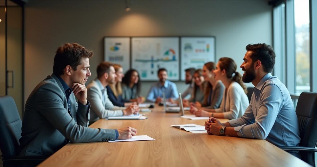 Team in office meeting experiencing a range of emotions 
