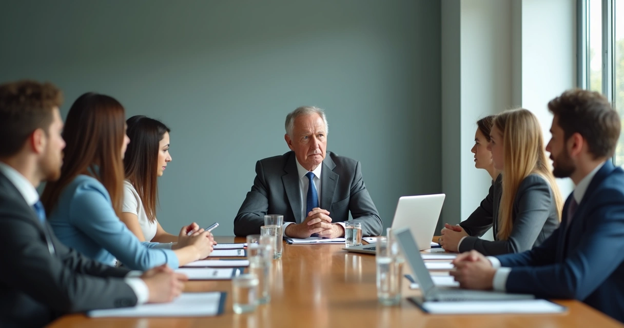 Team in a meeting with a distant leader expression 