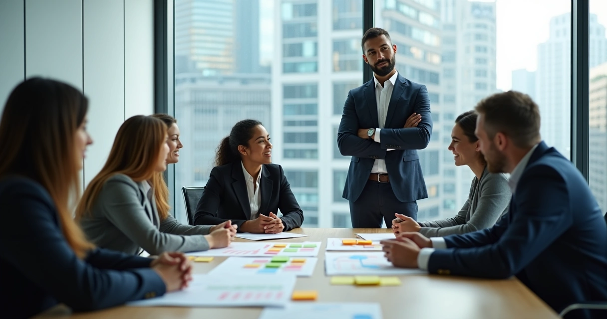A manager observing a team meeting from a distance