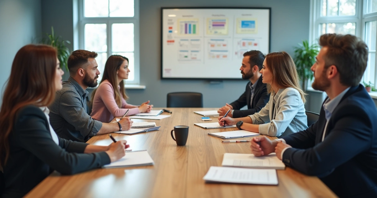 Team in a meeting with notes and attentive body language