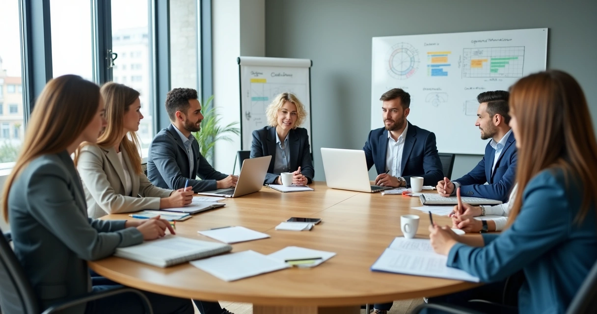 Team in a meeting discussing ideas around a table 