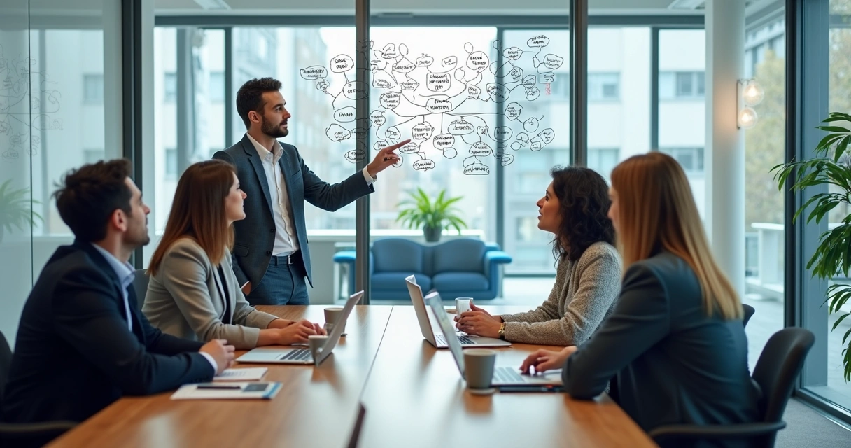 Team meeting with visual links between roles on a glass wall