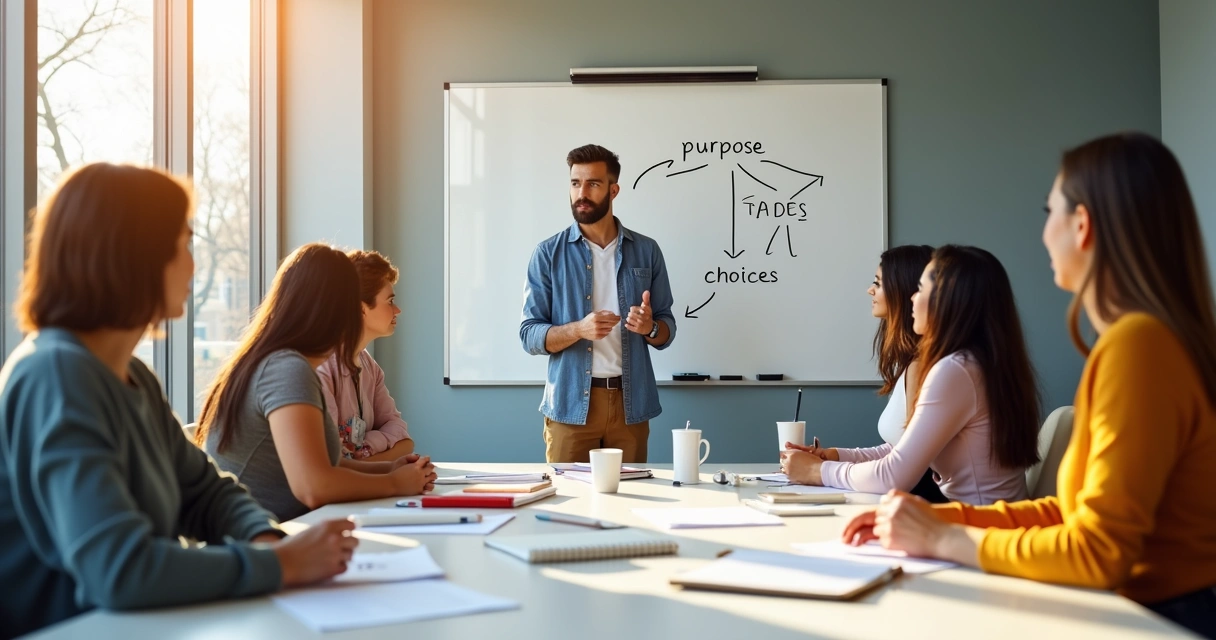 Colleagues discussing purpose and values at a team meeting table 