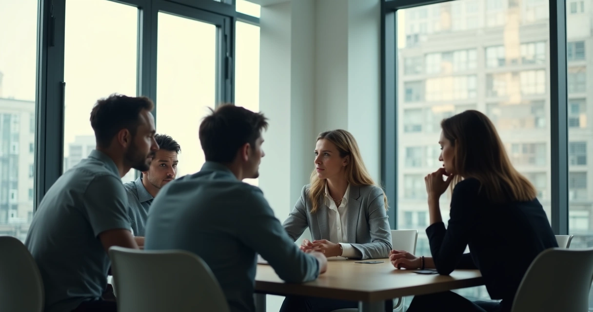 Group of professionals in a meeting, one person looking out the window, others talking, calm but pensive atmosphere 