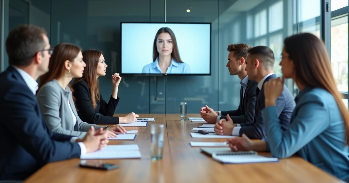 Team in meeting with reflective glass showing thoughtful expressions 