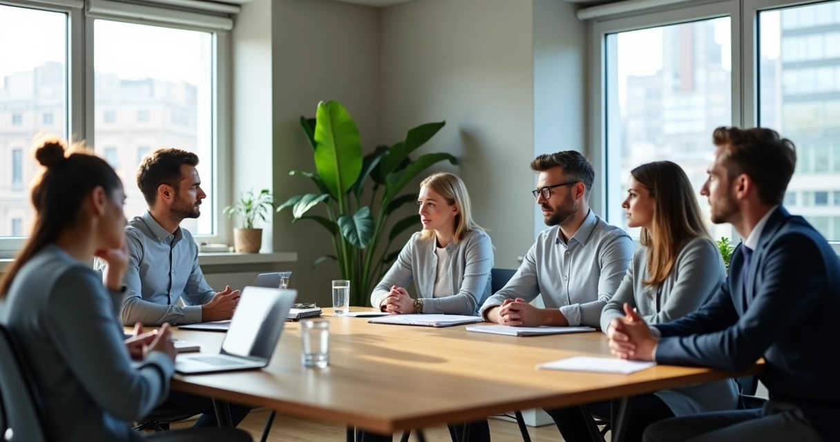 Team seated in a quiet meeting pause around a table