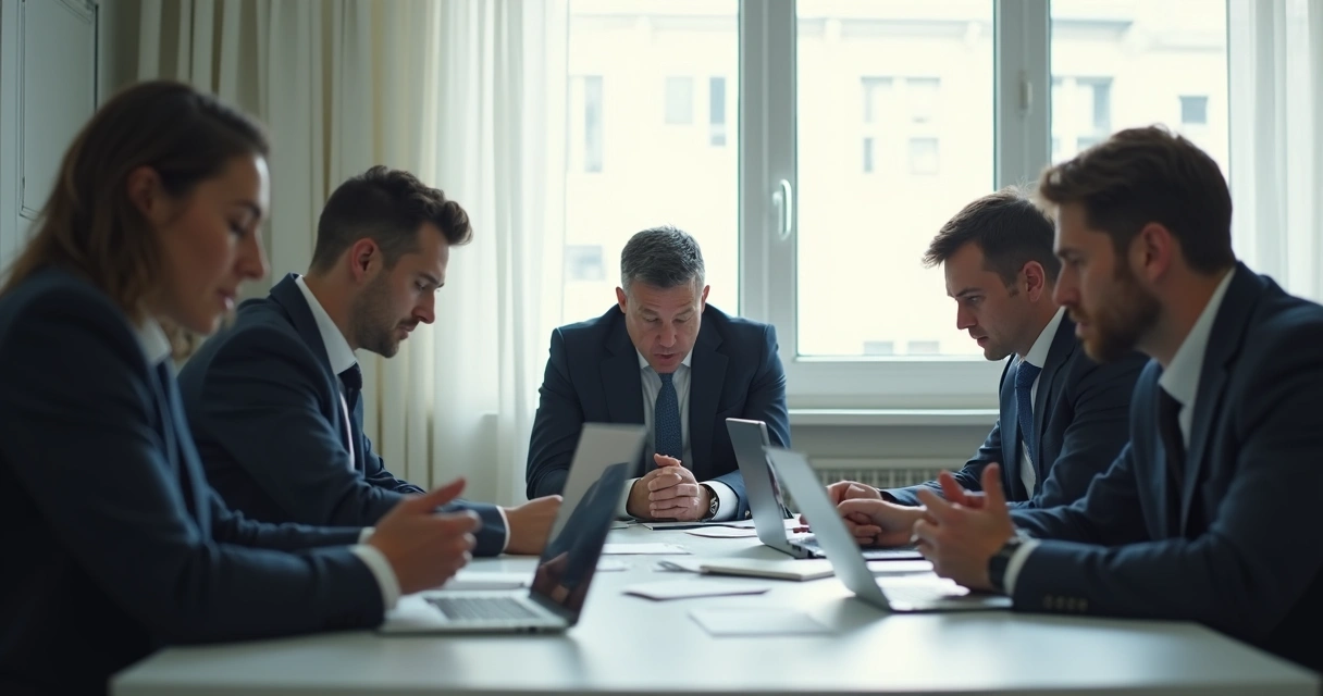 Business team sitting in a meeting, one person looking uncomfortable while others avoid eye contact