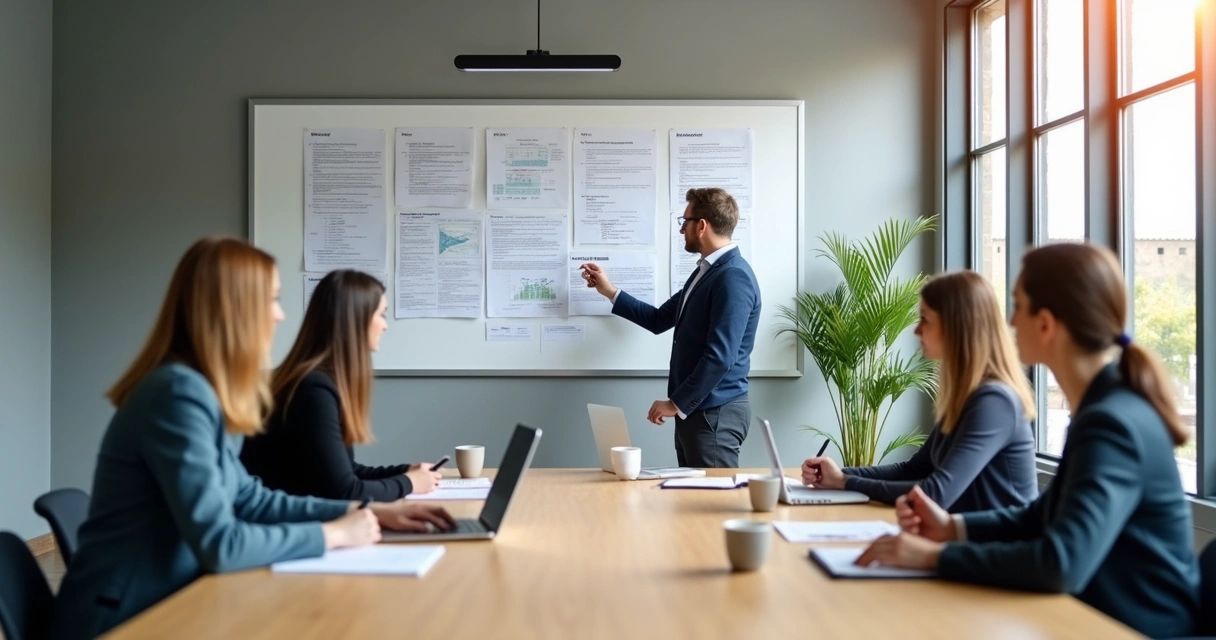 Team in a meeting reviewing goals on a shared board