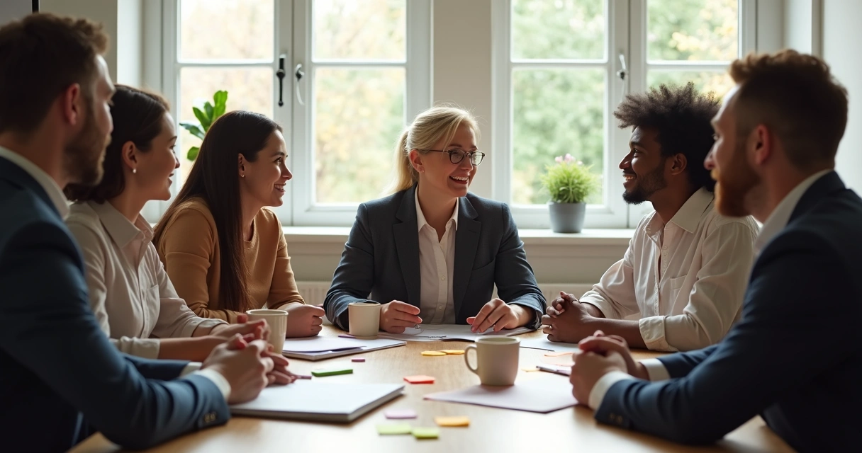 Team in a meeting sharing ideas openly