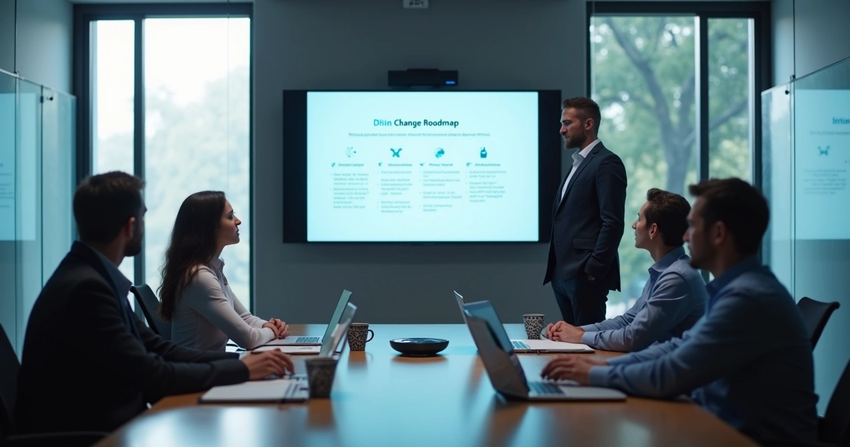 Team sitting quietly in a meeting room while one person presents a change plan 