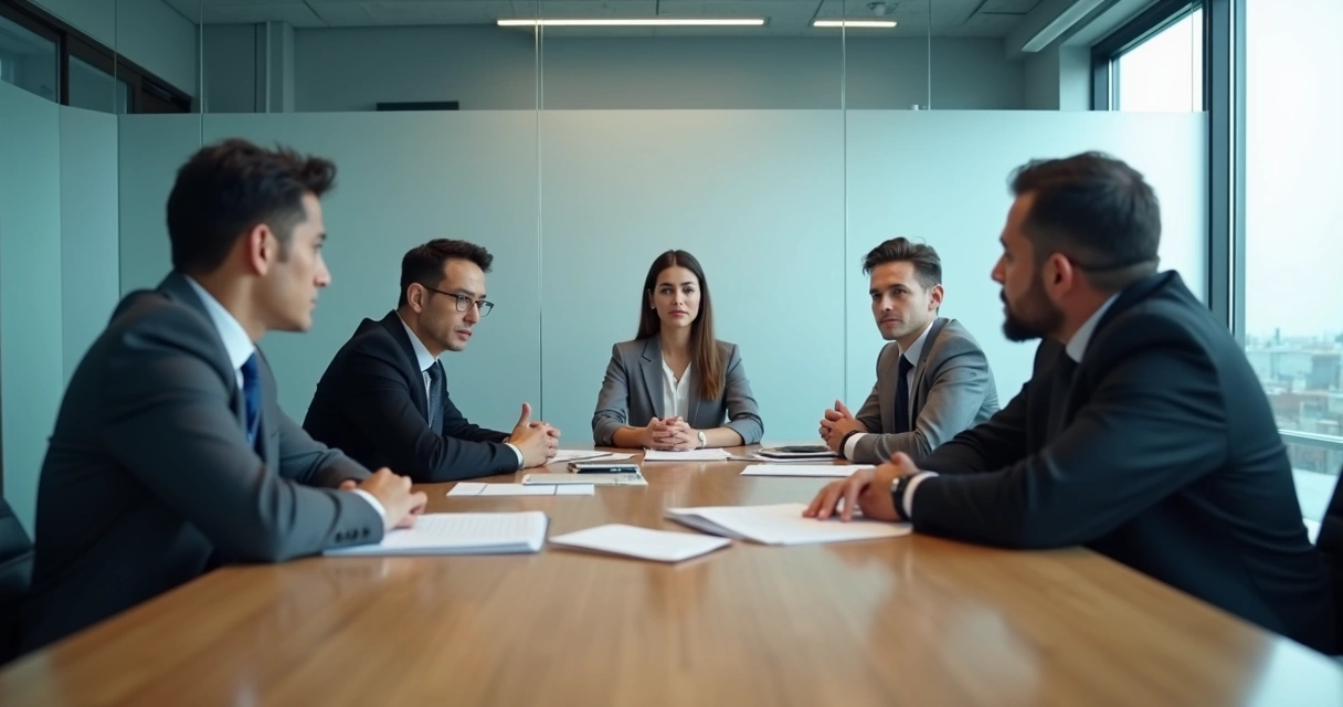 Team sitting in a tense meeting room with one person silent at the table 
