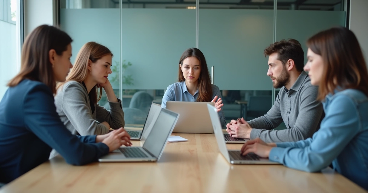 Team sitting in a quiet meeting room with tense body language 