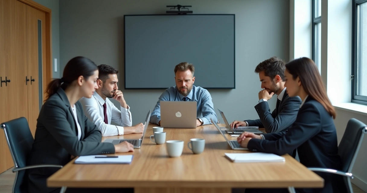 Quiet team sitting in a tense meeting room