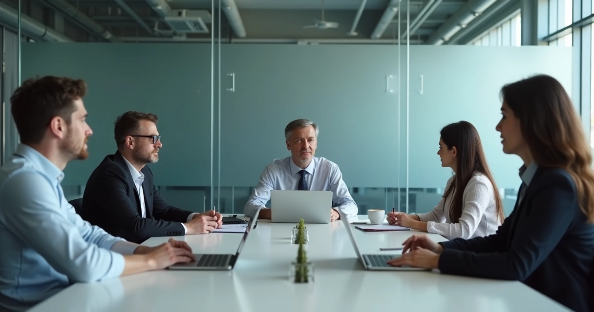 Team sitting quietly in a tense meeting room