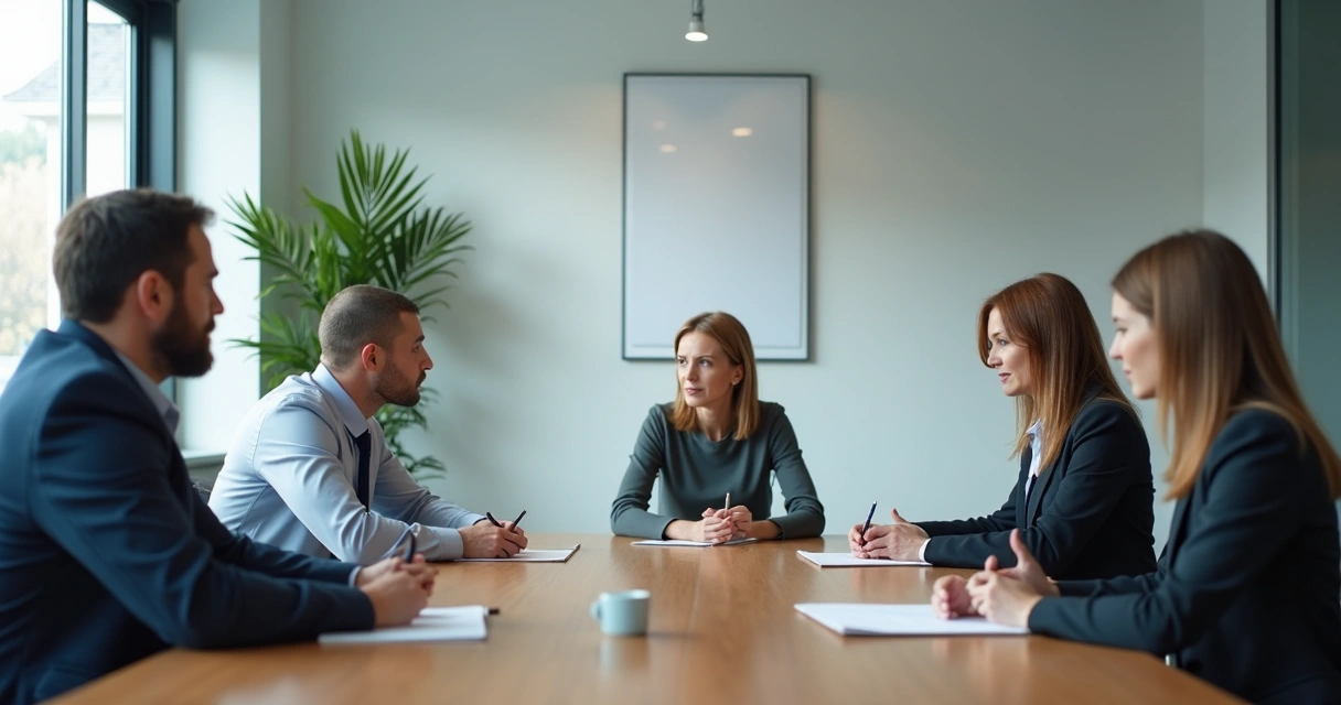 Quiet team seated around a meeting table during a formal ritual 