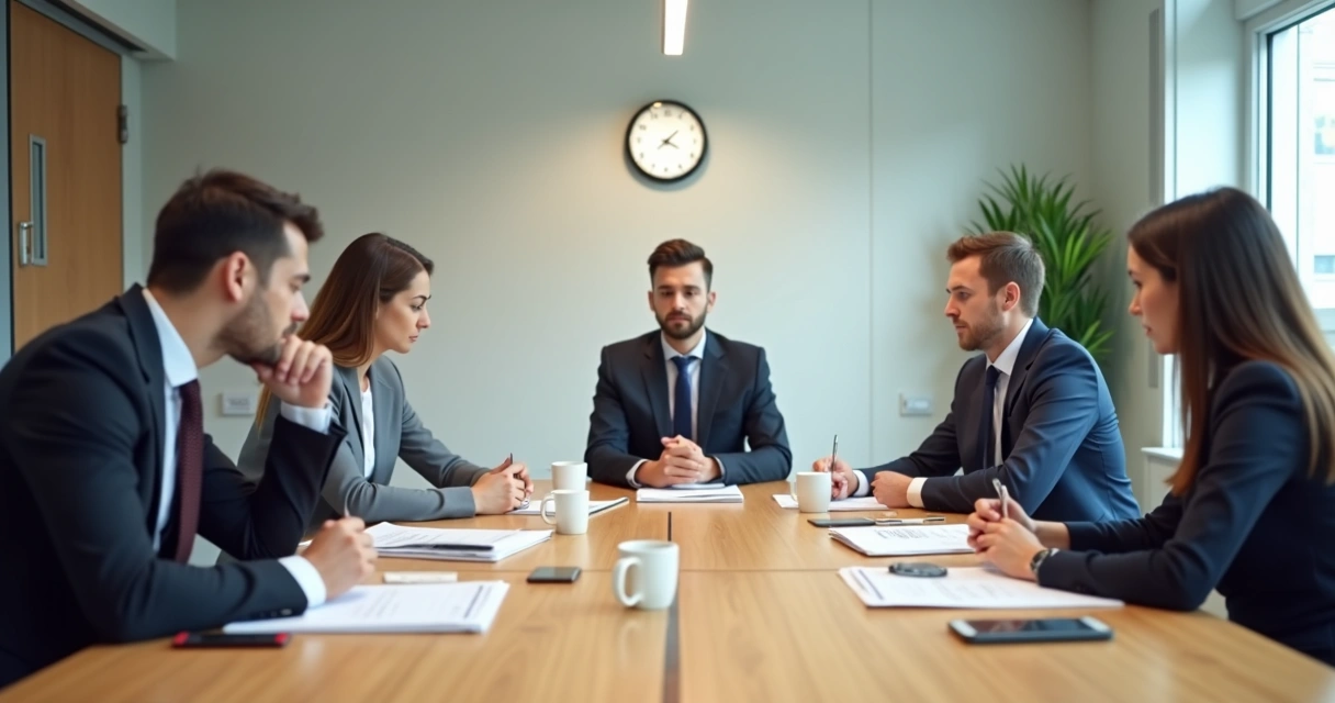 Team meeting with low engagement, people looking away 