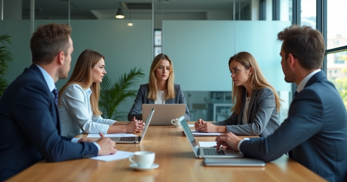 Quiet team meeting with one person disengaged at the table 