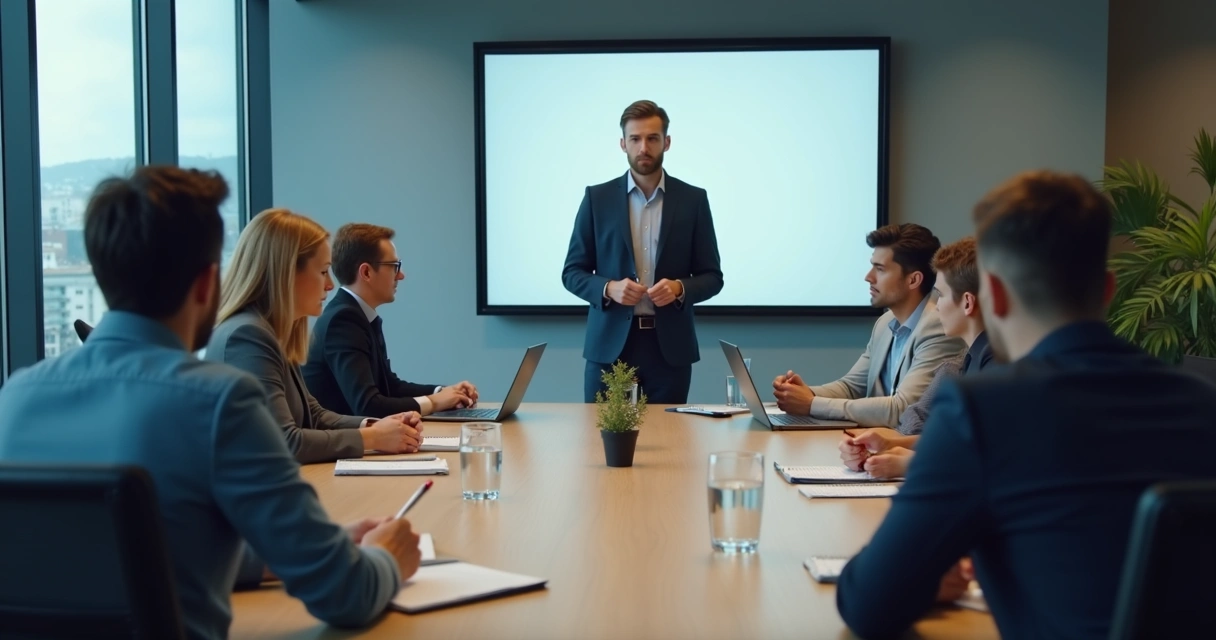 Team sitting quietly in a meeting room while one person speaks at the front 