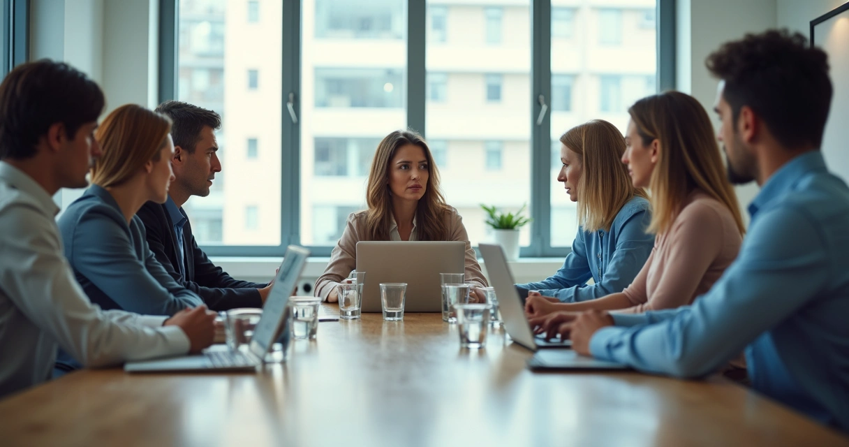 Team seated in a quiet meeting room reading each other's expressions