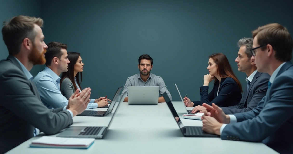 People sitting in a meeting while one person stays silent and looks uncertain