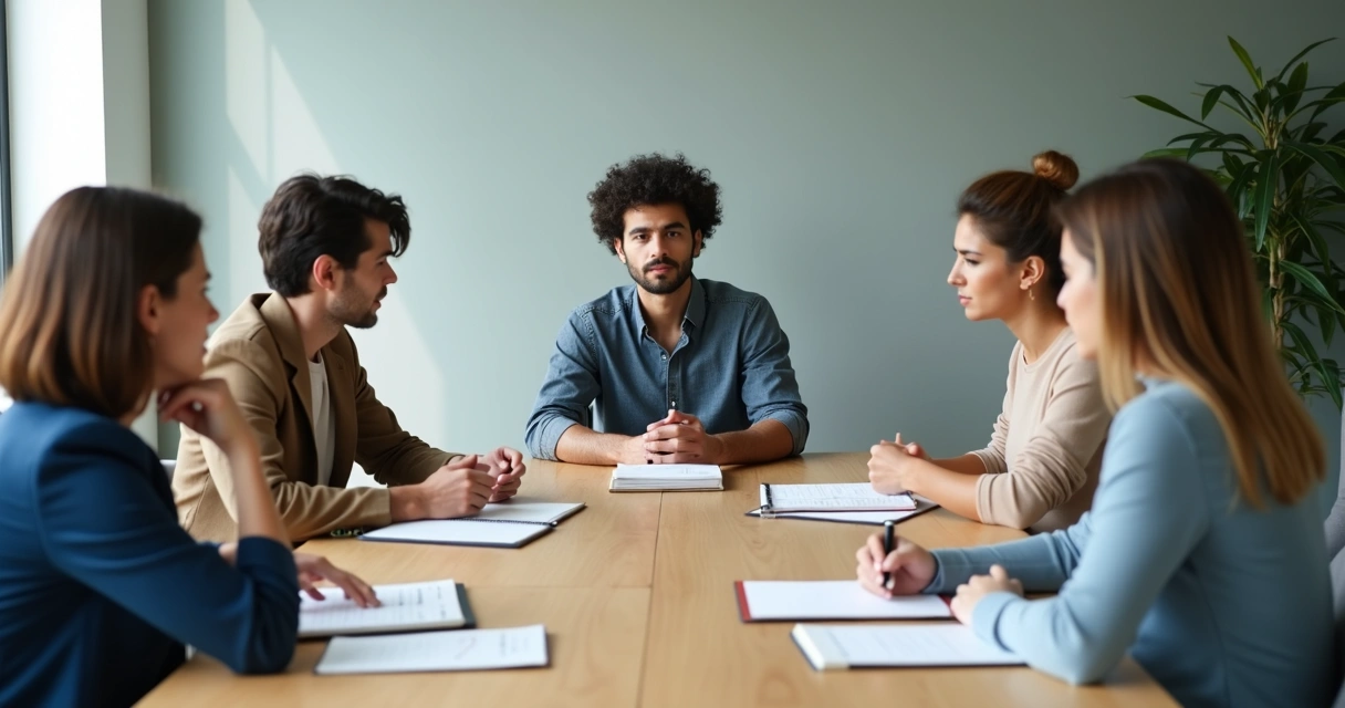 Team sitting in quiet reflection during a meeting
