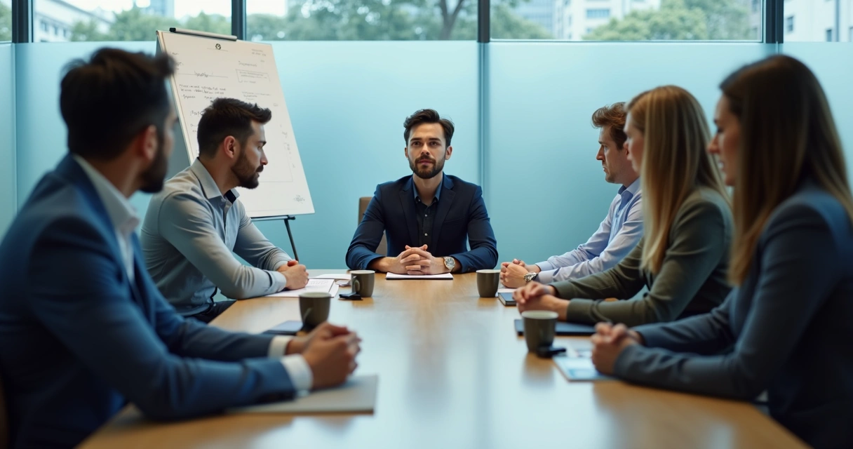 Team in a meeting with visible silence and tension