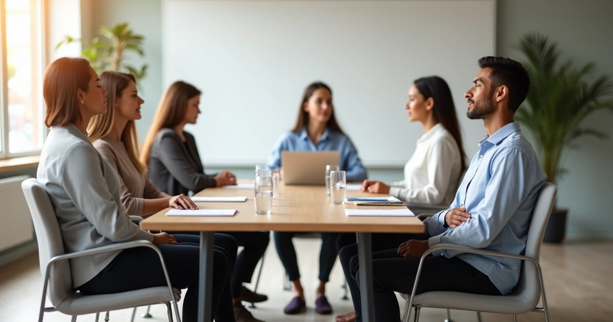 Diverse team in a meeting practicing mindful somatic awareness together 