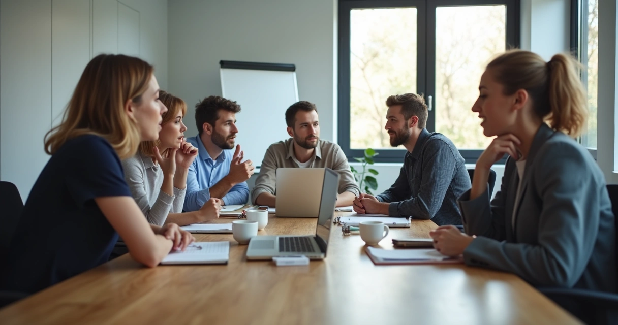 Team meeting with one person being interrupted at the table