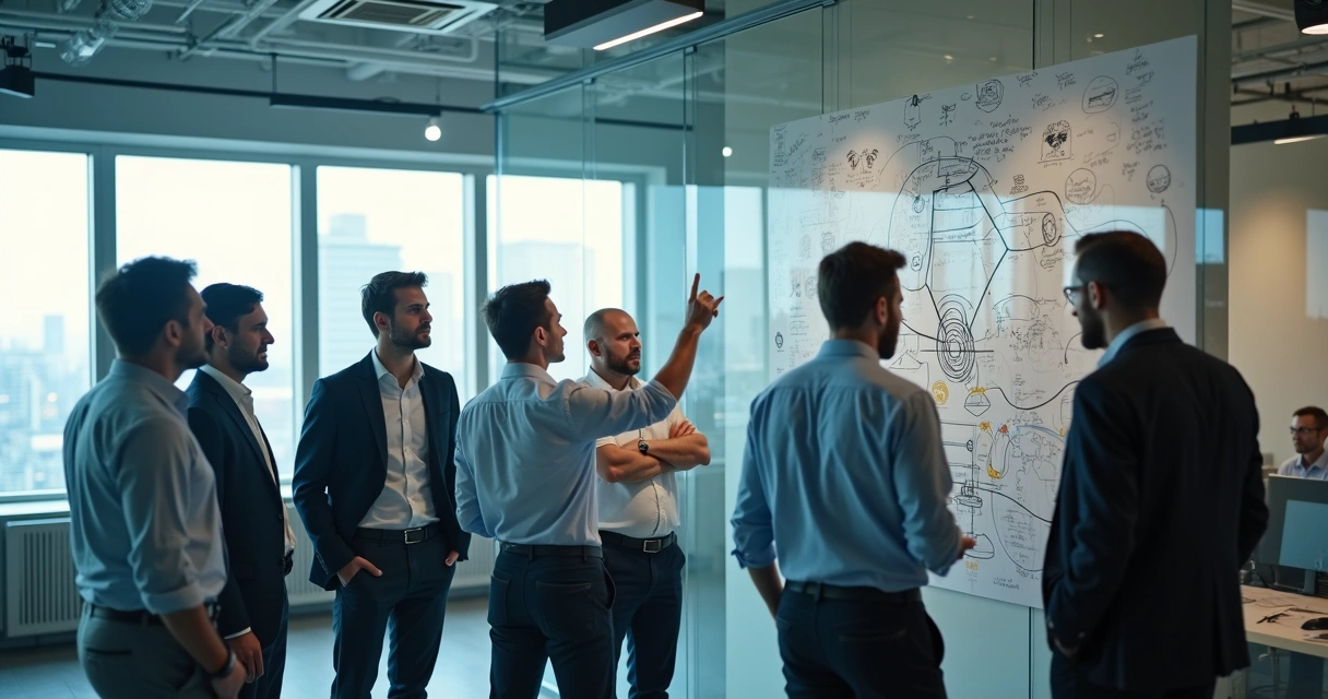 Office team looking at connected diagrams on a glass wall