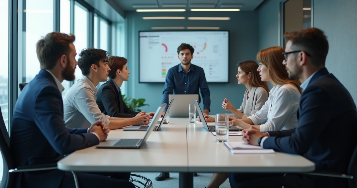 Team in a tense meeting room with one person isolated 