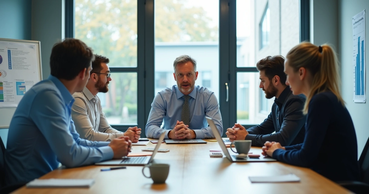 Team meeting with one person carrying most of the discussion