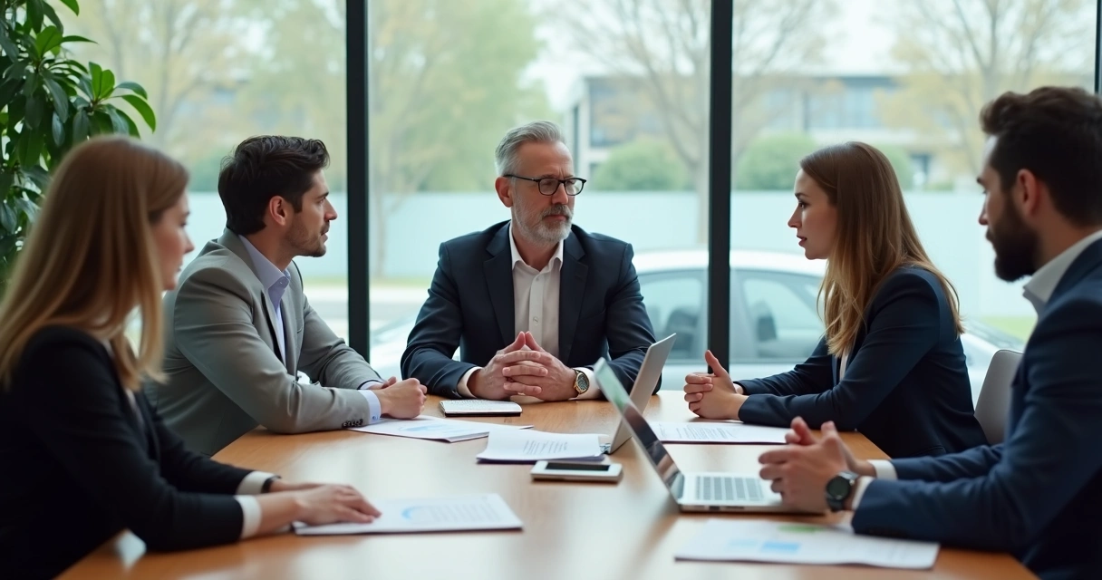 Team seated in a meeting room with visible hesitation and pause during discussion