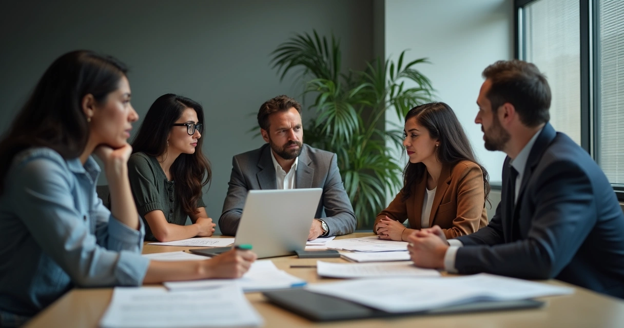 People in a meeting room, tension noticeable, looking away from each other