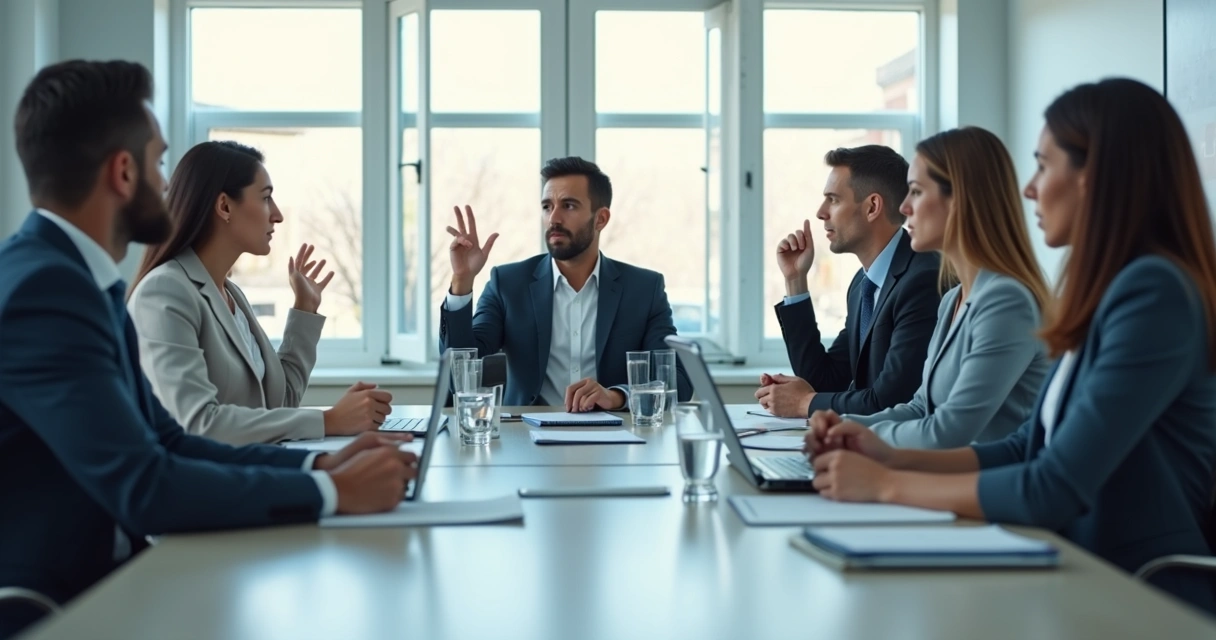 Team in a meeting with one person calming tension 