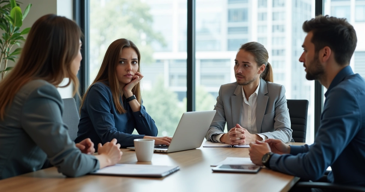 Coworkers in a tense meeting at a conference table