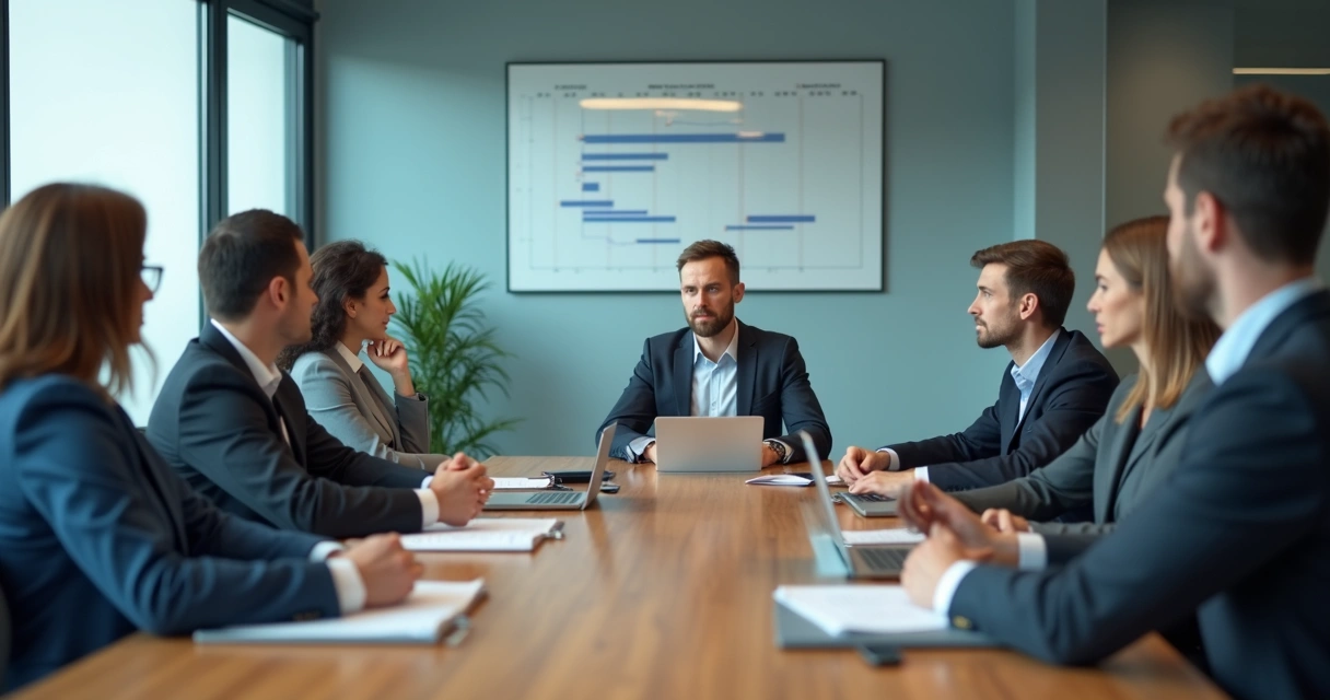 Team meeting with visible tension and one person speaking while others stay silent 