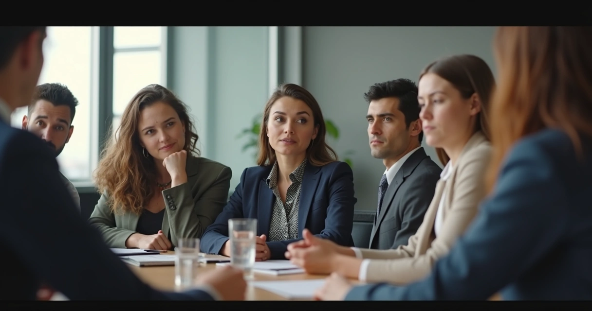Employees in a meeting room with body language showing tension and hesitation, some avoiding eye contact while others look uncertain 
