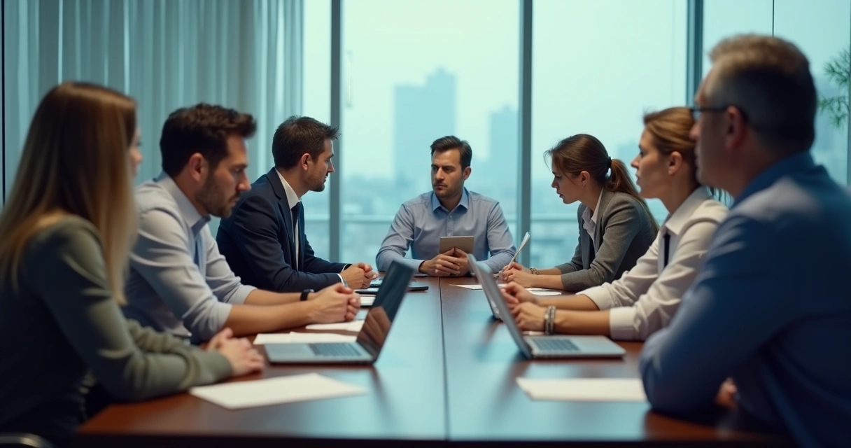 People in a work meeting showing tension and lack of engagement. 