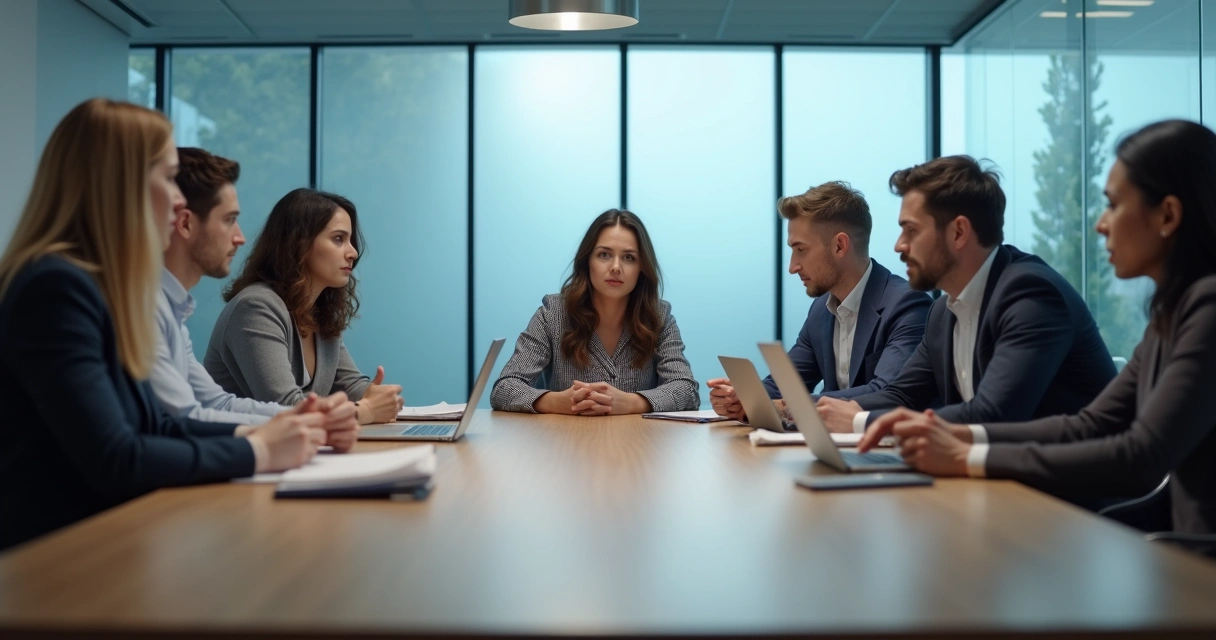 Team in a meeting with visible tension and one person speaking