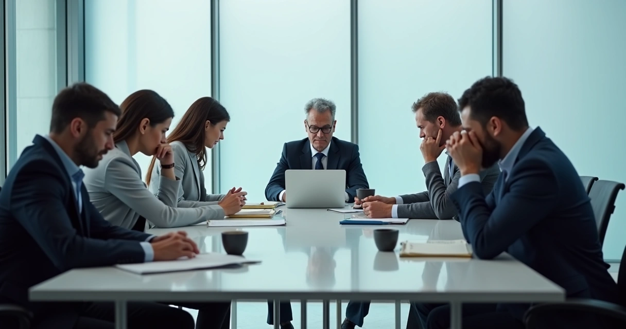 Team sitting quietly in a tense office meeting