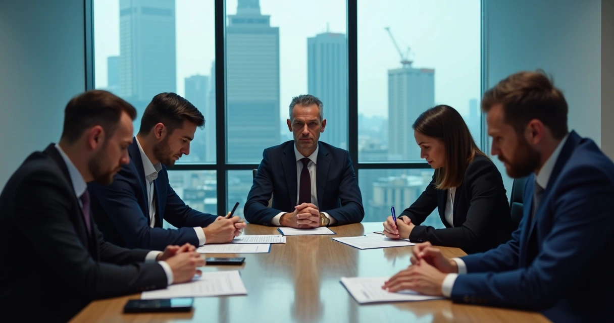 Colleagues gathered at a meeting table, expressions tense