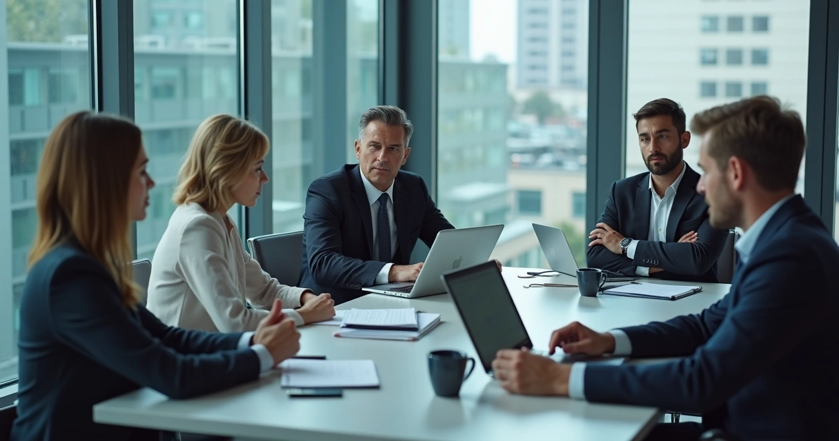 Team in a meeting room showing tense body language and silence