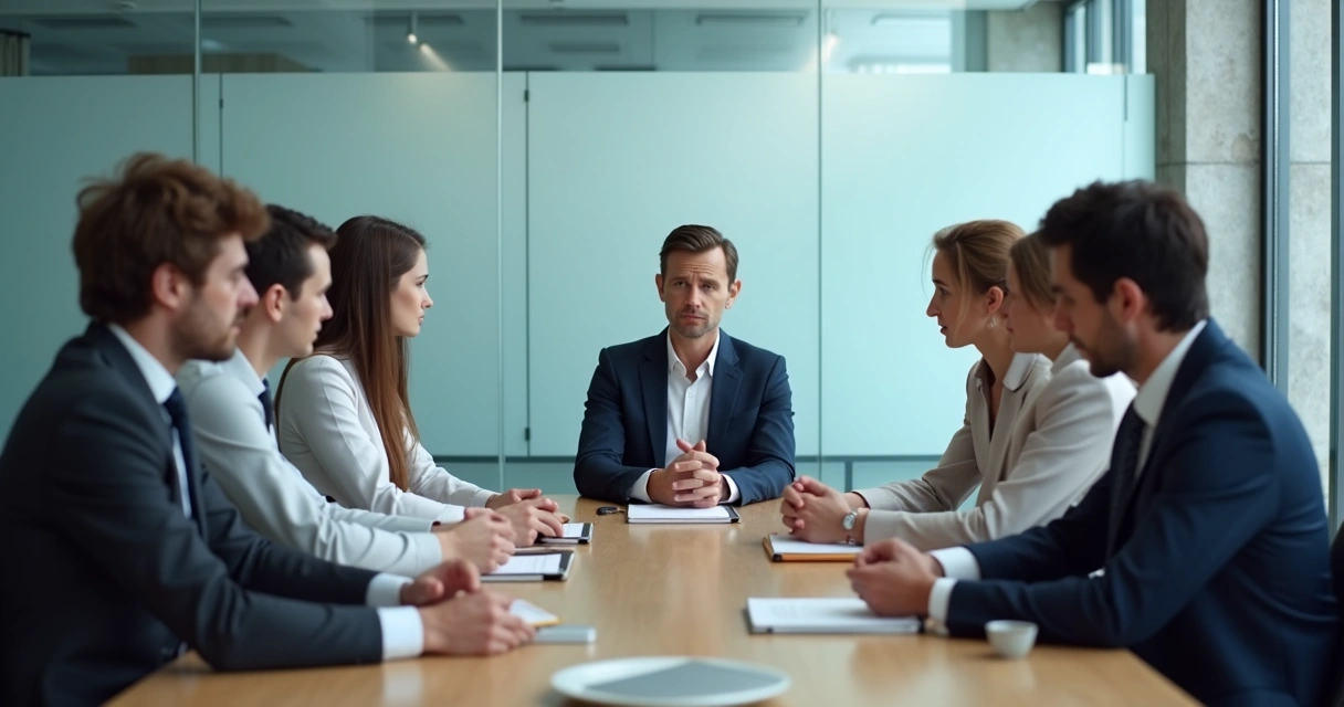 Team in a meeting room with visible tension and mixed body language 