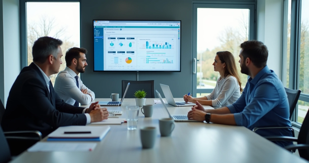 Office team in a tense meeting reviewing charts on a screen